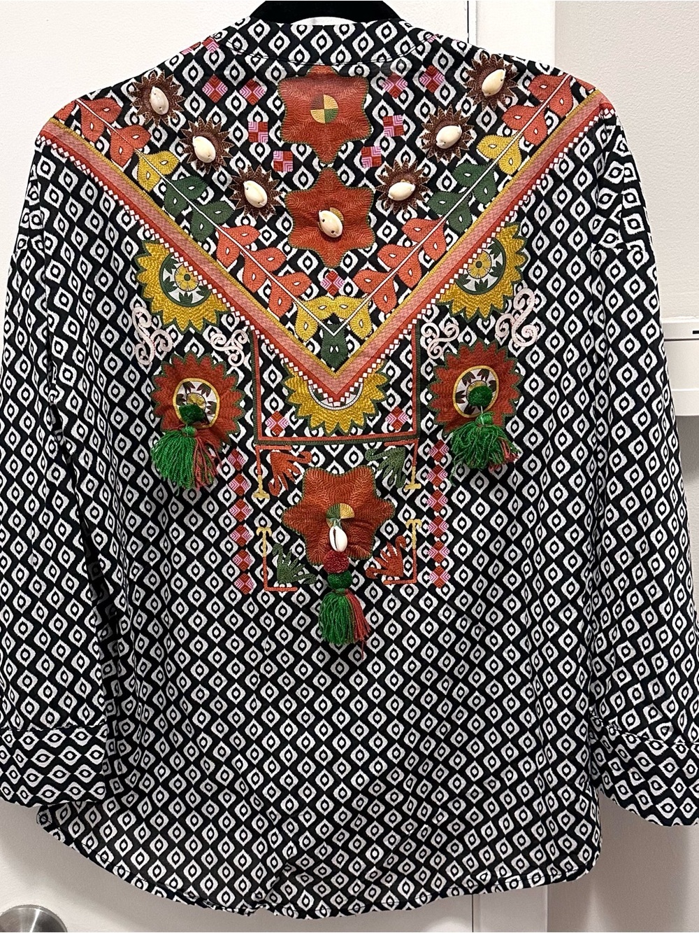 Khaadi Pakistan Cotton Button Top Boho Ethnic Tunic Shirt XS Shells Tassels